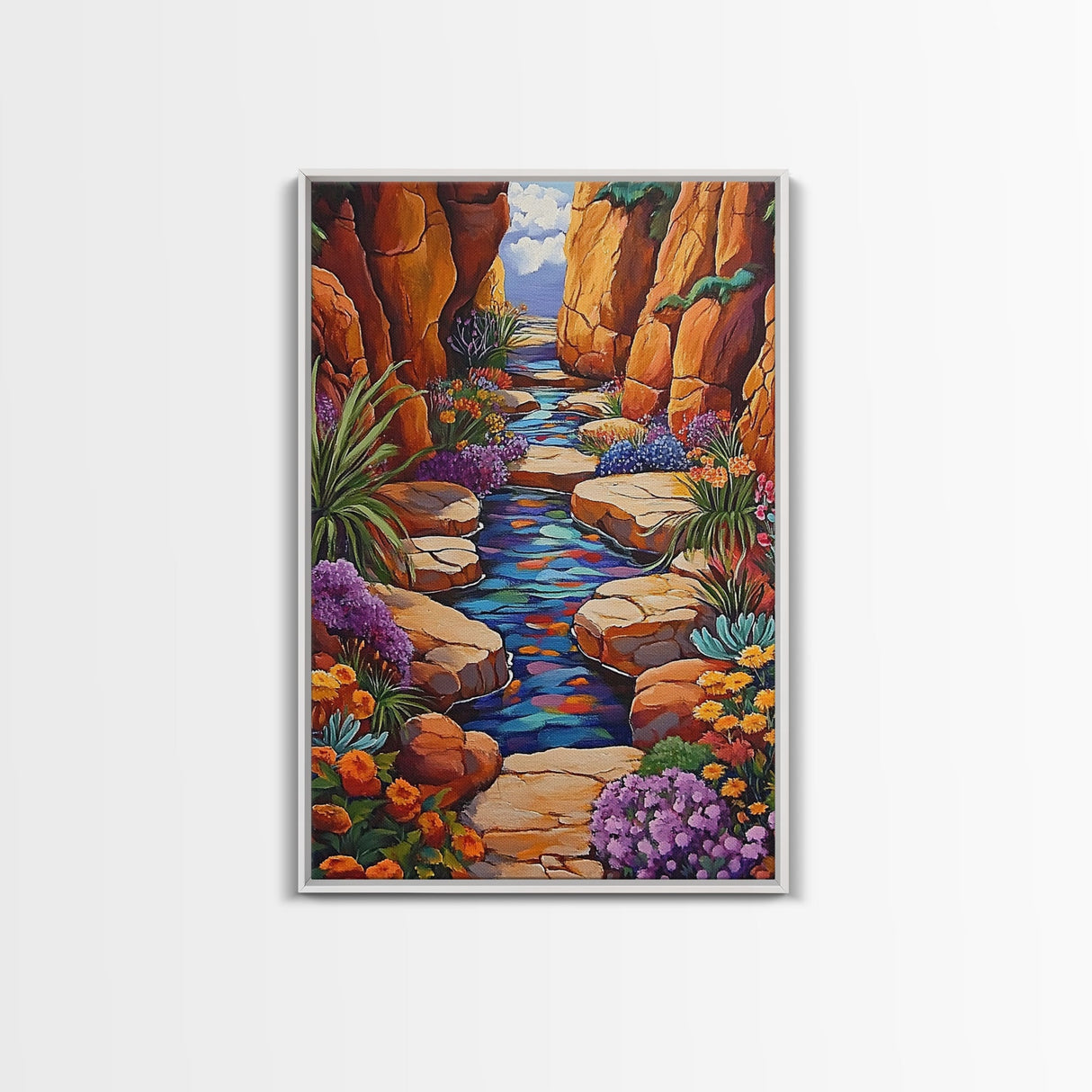 Desert Oasis, Wildflower Stream, Canyon Art, Boho Decor, Eclectic Home Style, Kitchen Wall Art, Canvas Print, Colorful Nature Painting