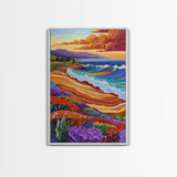 Ocean Sunset, Colorful Beach, Coastal Vibes, Tropical Flowers, Fall Wall Art, Dining Room Decor, Canvas Print, Vibrant Landscape Art