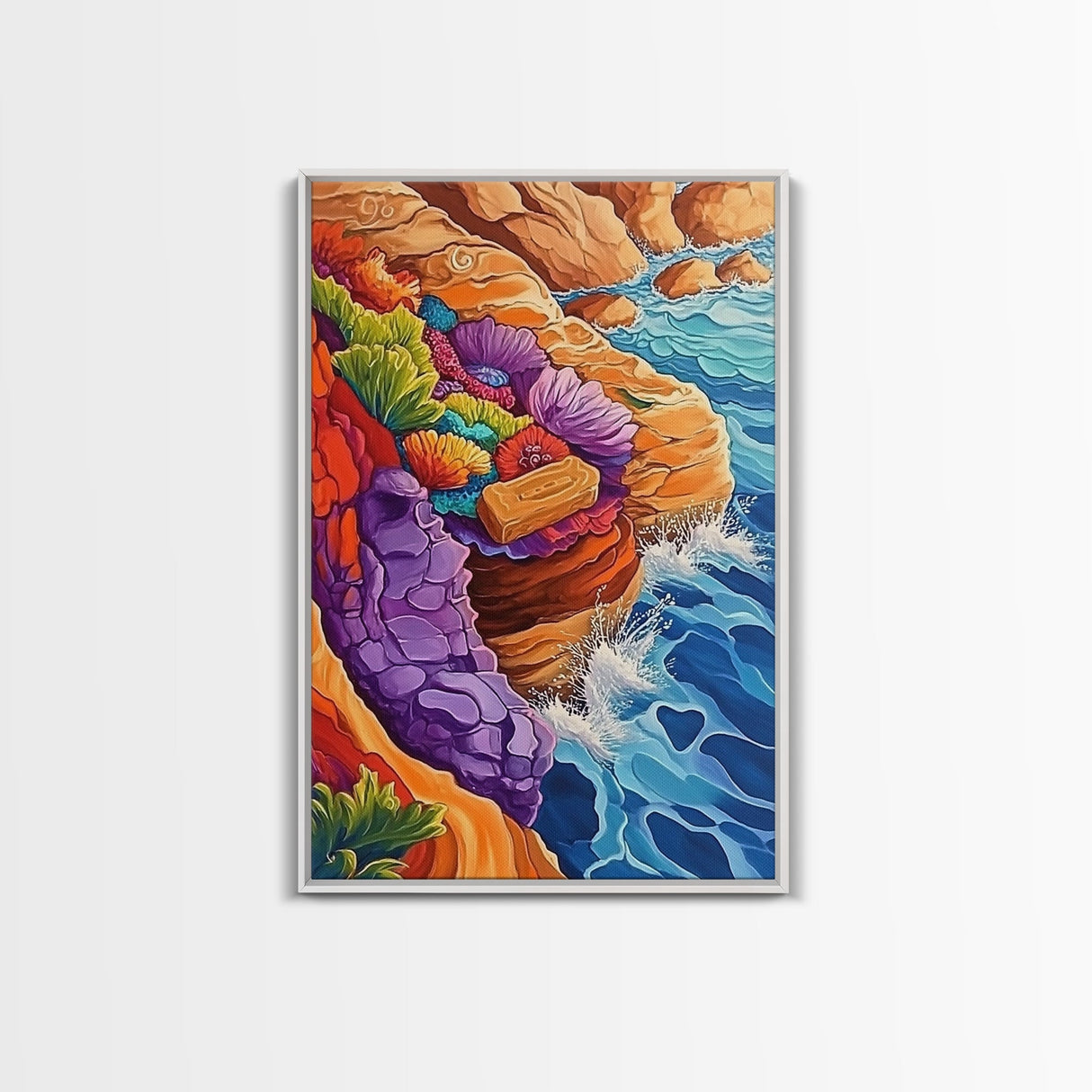 Ocean Cliffs, Colorful Reef, Coastal Abstract, Vibrant Seaside Art, Bathroom Wall Art, Nautical Decor, Canvas Print, Bold Nature Painting