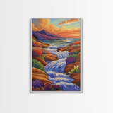 Waterfall Stream, Sunset Sky, Mountain Flow, Fall Colors, Nature Home Decor, Rustic Cabin Vibe, Canvas Print, Living Room Wall Art