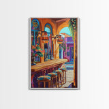 Wine Bar Scene, Cozy Bistro, Mediterranean Patio, Colorful Bar Decor, Kitchen Wall Art, Eclectic Style, Framed Canvas Print