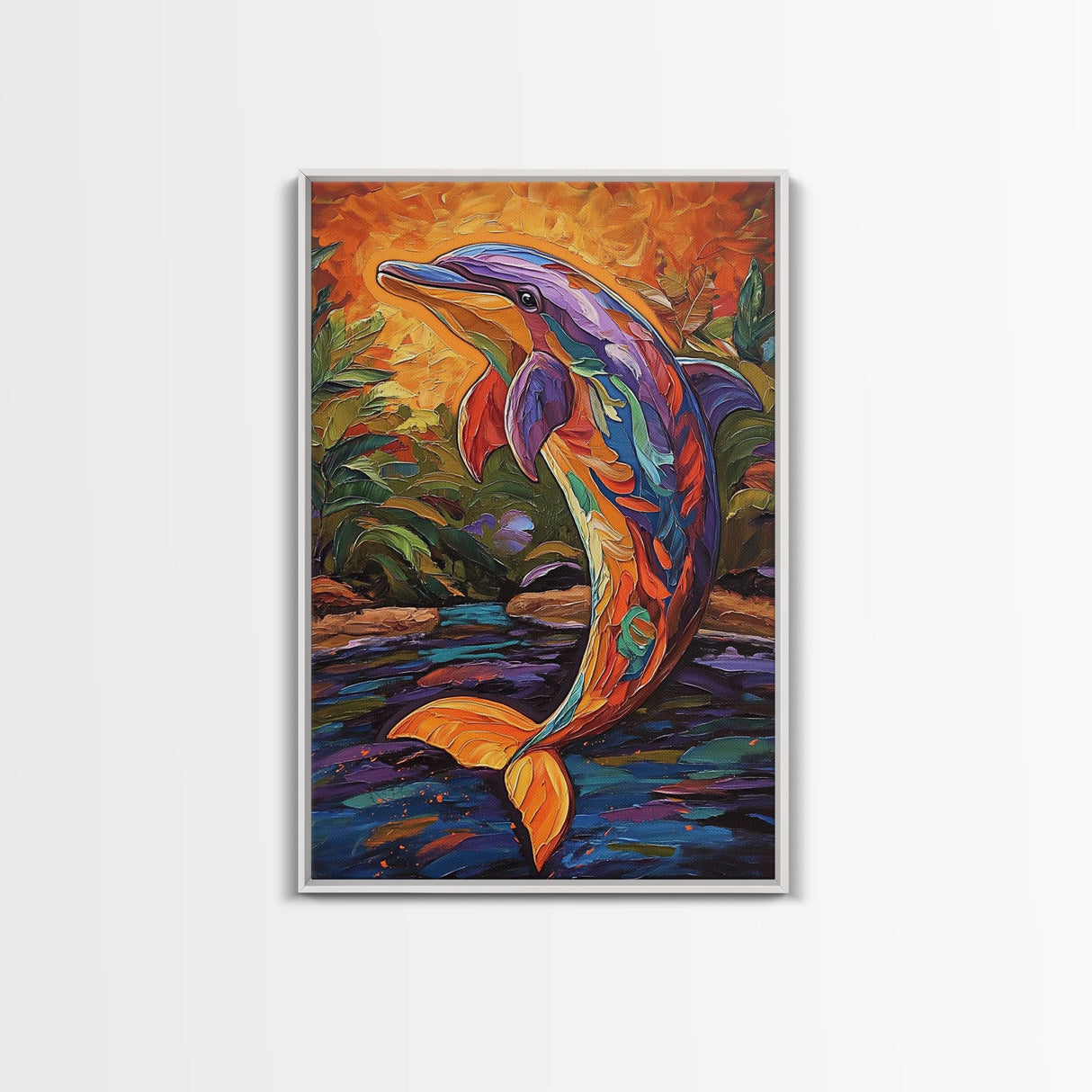 Dolphin Colorful Ocean Art, Framed Canvas Print, Tropical beach art, boho animal painting, coastal nursery wall art, vivid decor