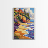 Seaside Villa, Cliffside Beach, Coastal Home Art, Warm Summer Scene, Mediterranean Decor, Canvas Print, Dining Room Wall Accent