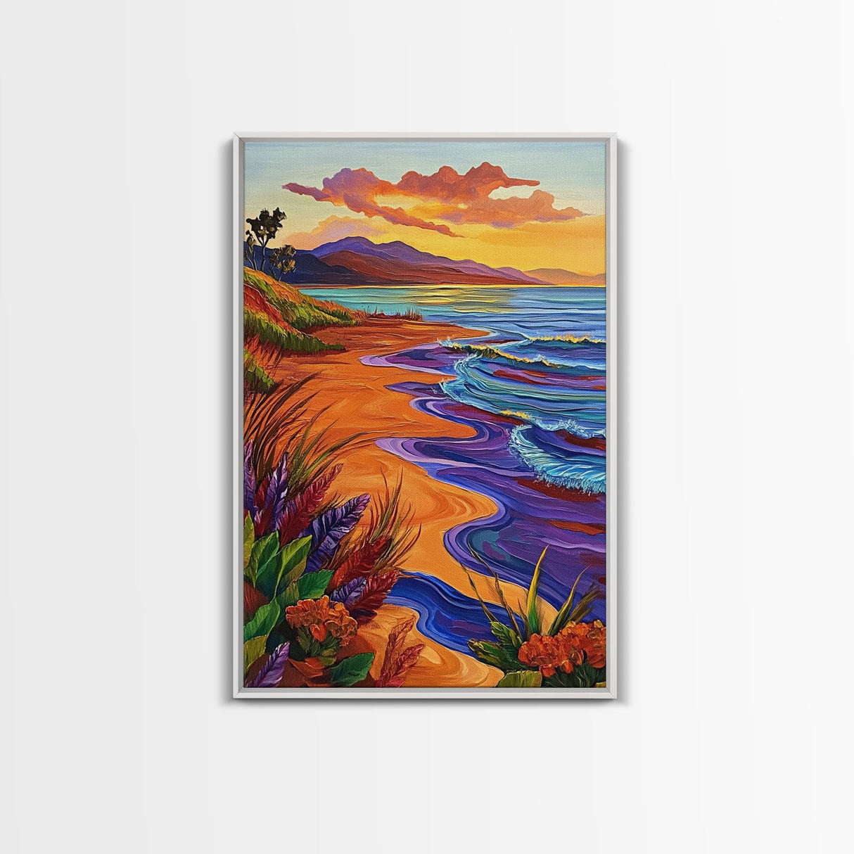 Vibrant Beach Sunset, Ocean Waves, Tropical Coastline, Coastal Landscape, Framed Canvas Print, Living Room Wall Art, Colorful Beach Art