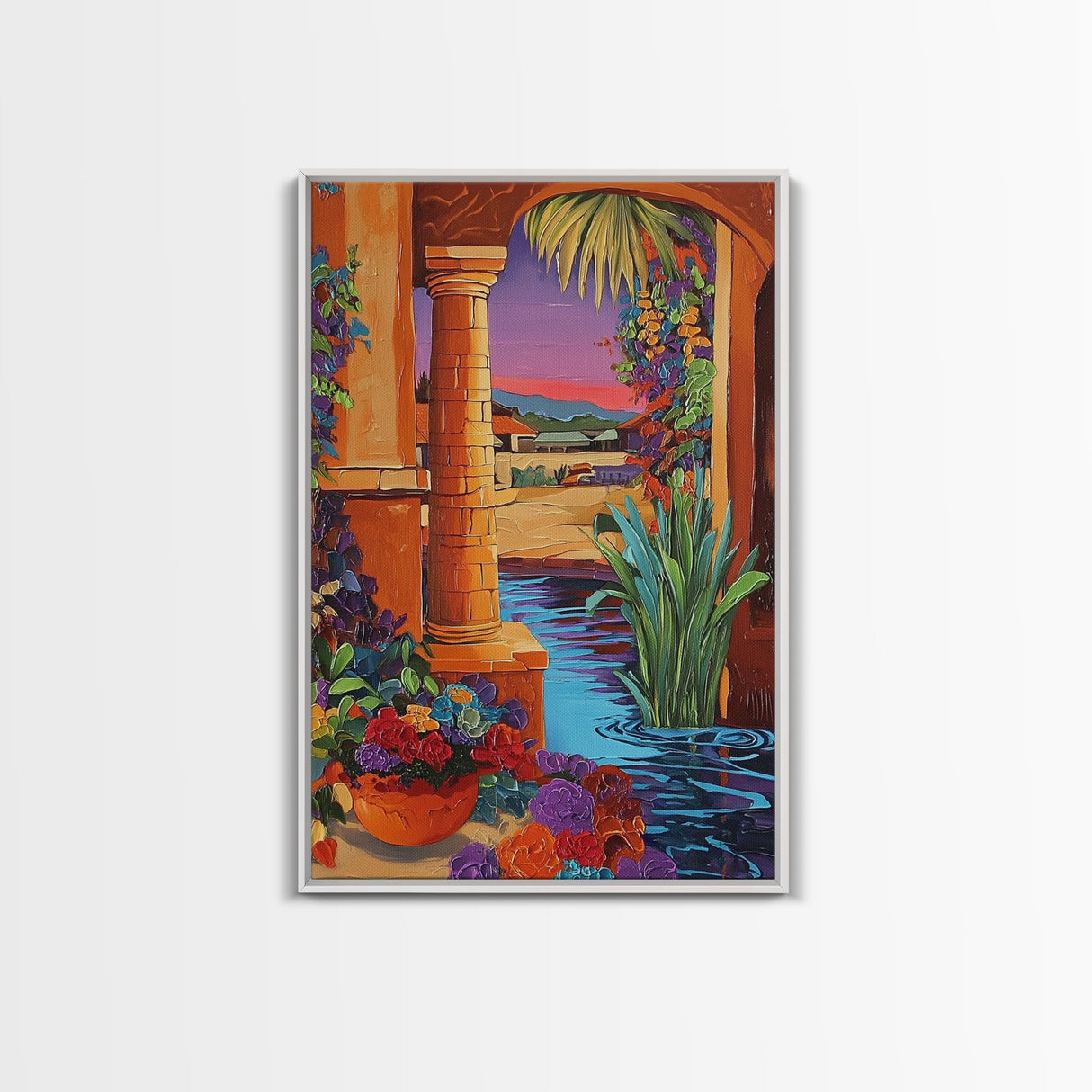 Desert Garden View, Vibrant Sunset Patio, Mexican Courtyard Scene, Framed Canvas Print, Colorful Patio Art, Kitchen Wall Art, Boho Decor