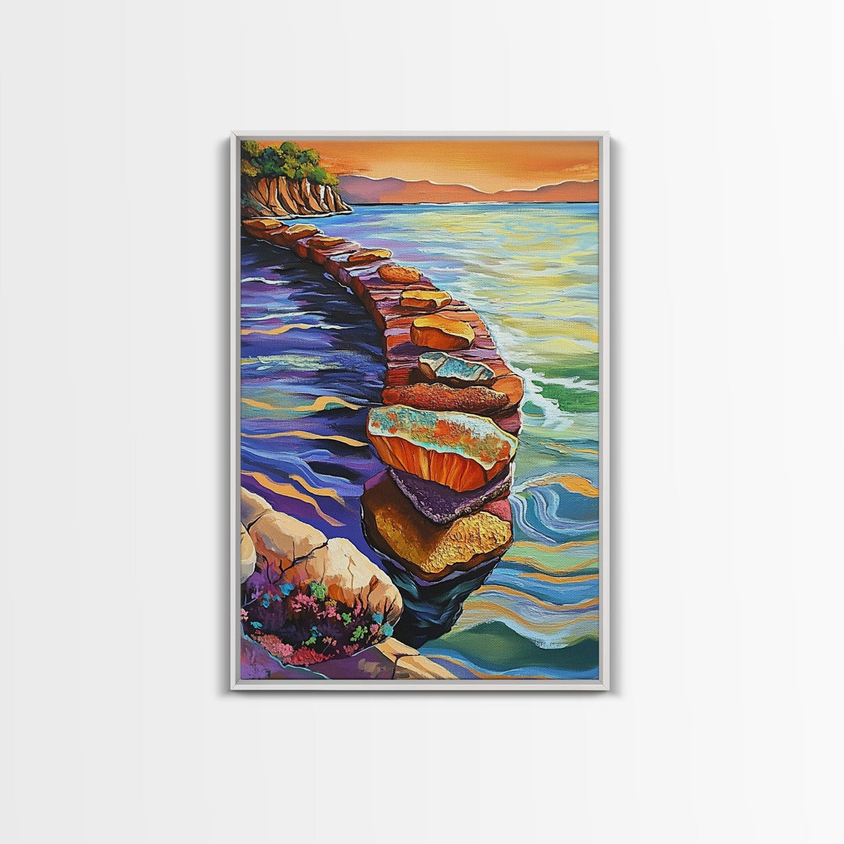 Sunset Rock Path, Ocean Wall Art, Serene Coastal Scene, Framed Canvas Print, Bohemian Living Room Decor, Water Landscape Painting