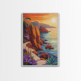 Sunset Coast, Rocky Shore, Ocean Glow, Golden Hour, Framed Canvas Print, Living Room Wall Art, Nature Landscape Decor, Coastal Fall Artwork