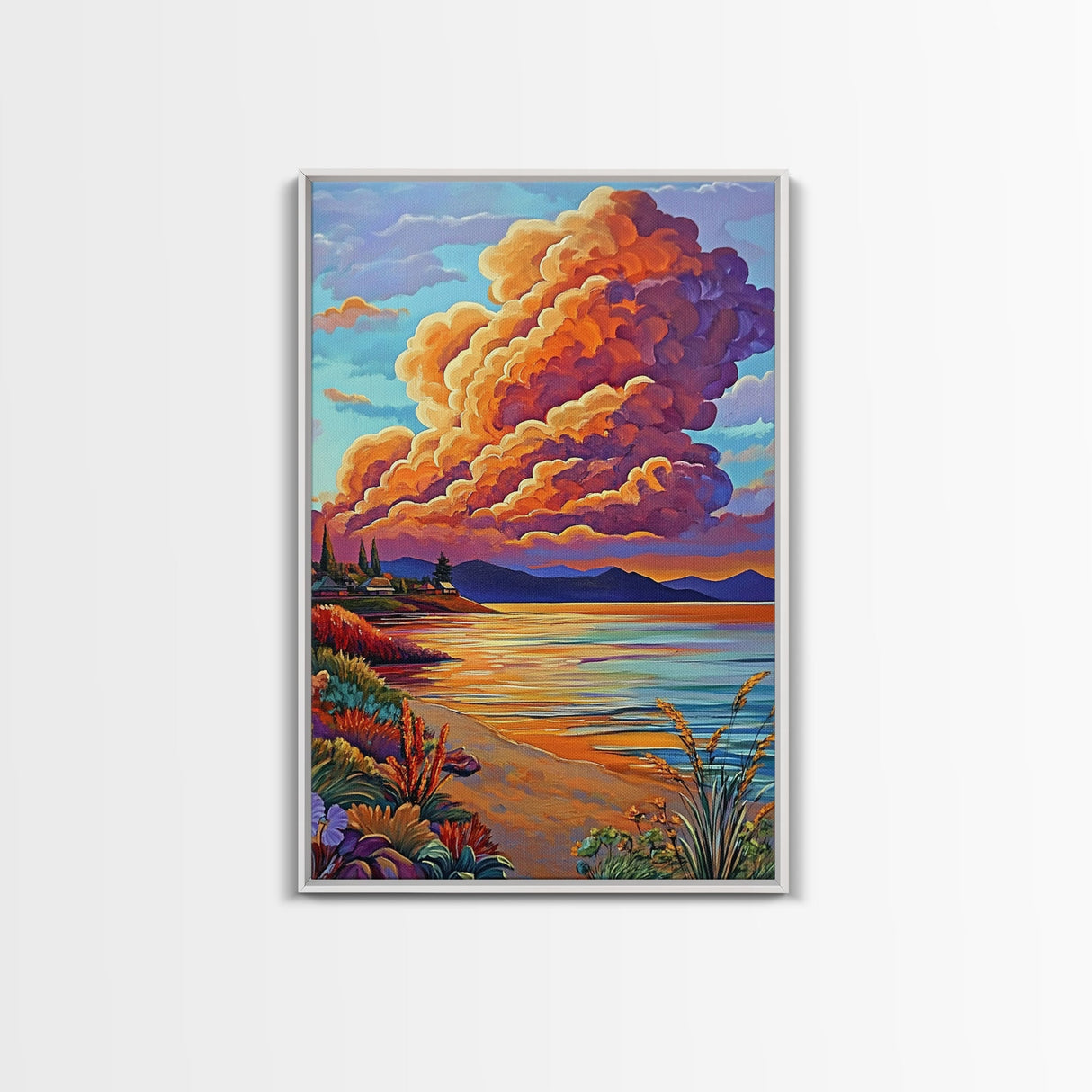 Sunset Bay, Dramatic Clouds, Lakeside View, Village Scene — Canvas Print rustic lake house decor, Fall living room wall art, scenic painting