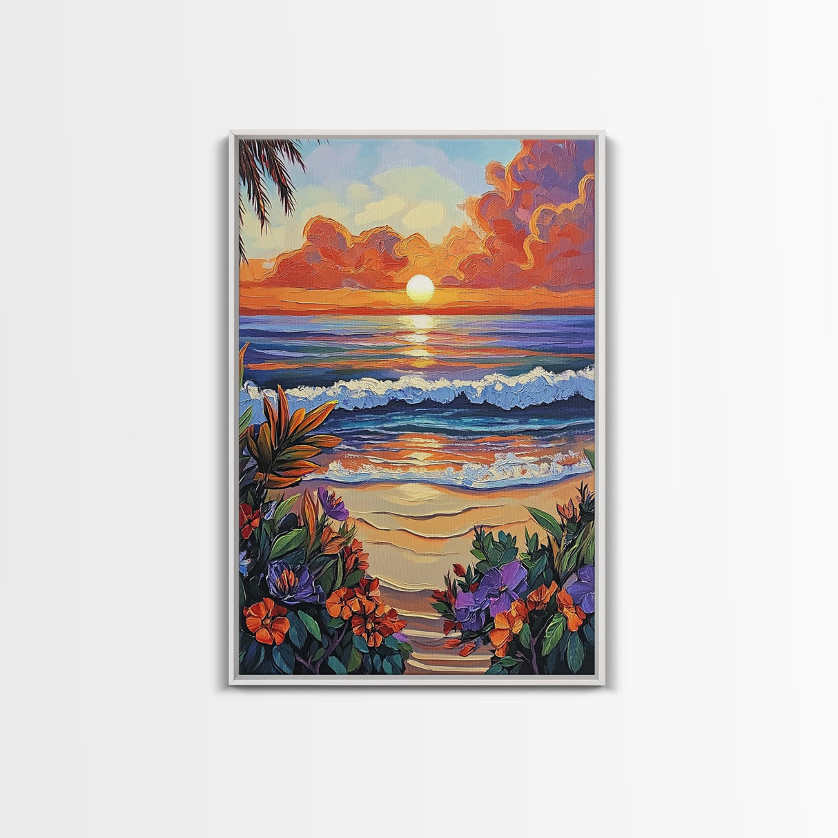 Tropical Beach, Sunset Waves, Lush Florals, Orange Glow — Framed Canvas Print vibrant coastal art, bathroom or bedroom beach decor, boho vibe