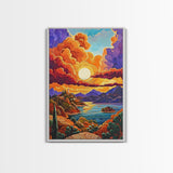Golden Sky, Mountain Lake, Sunset Clouds, Vibrant Hills — Canvas Print whimsical nature scene, bold landscape wall decor, cozy Autumn vibe