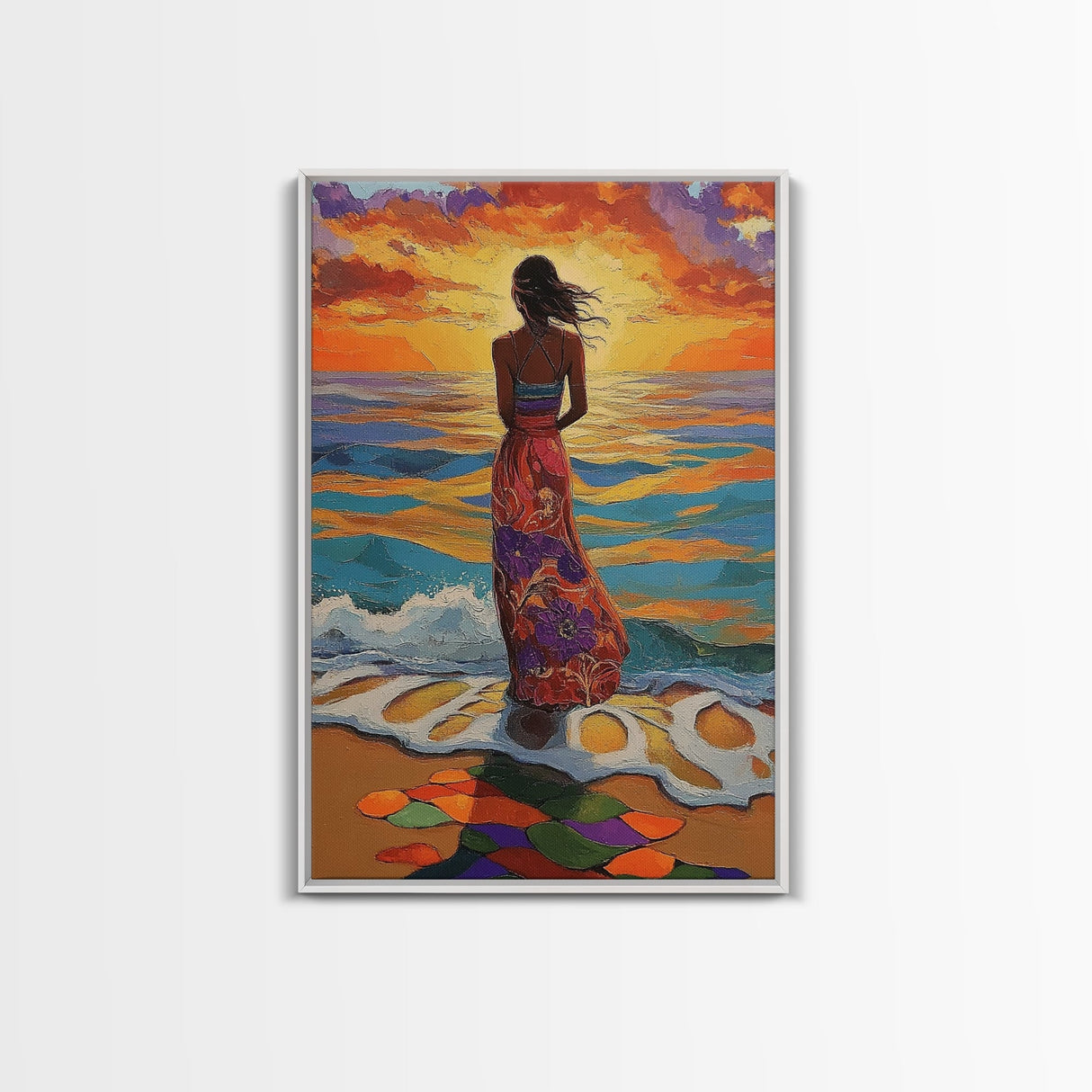 Sunset Beach Woman, Ocean Waves Art, Boho Coastal Decor, Tropical Wall Art, Canvas Print, Living Room Accent, Vibrant Beach Scene