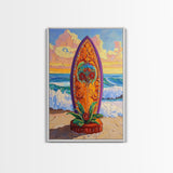 Floral Surfboard Art, Beach Sunset Decor, Tropical Surf Vibe, Canvas Print, Bright Ocean Wall Art, Bathroom Accent, Boho Coastal