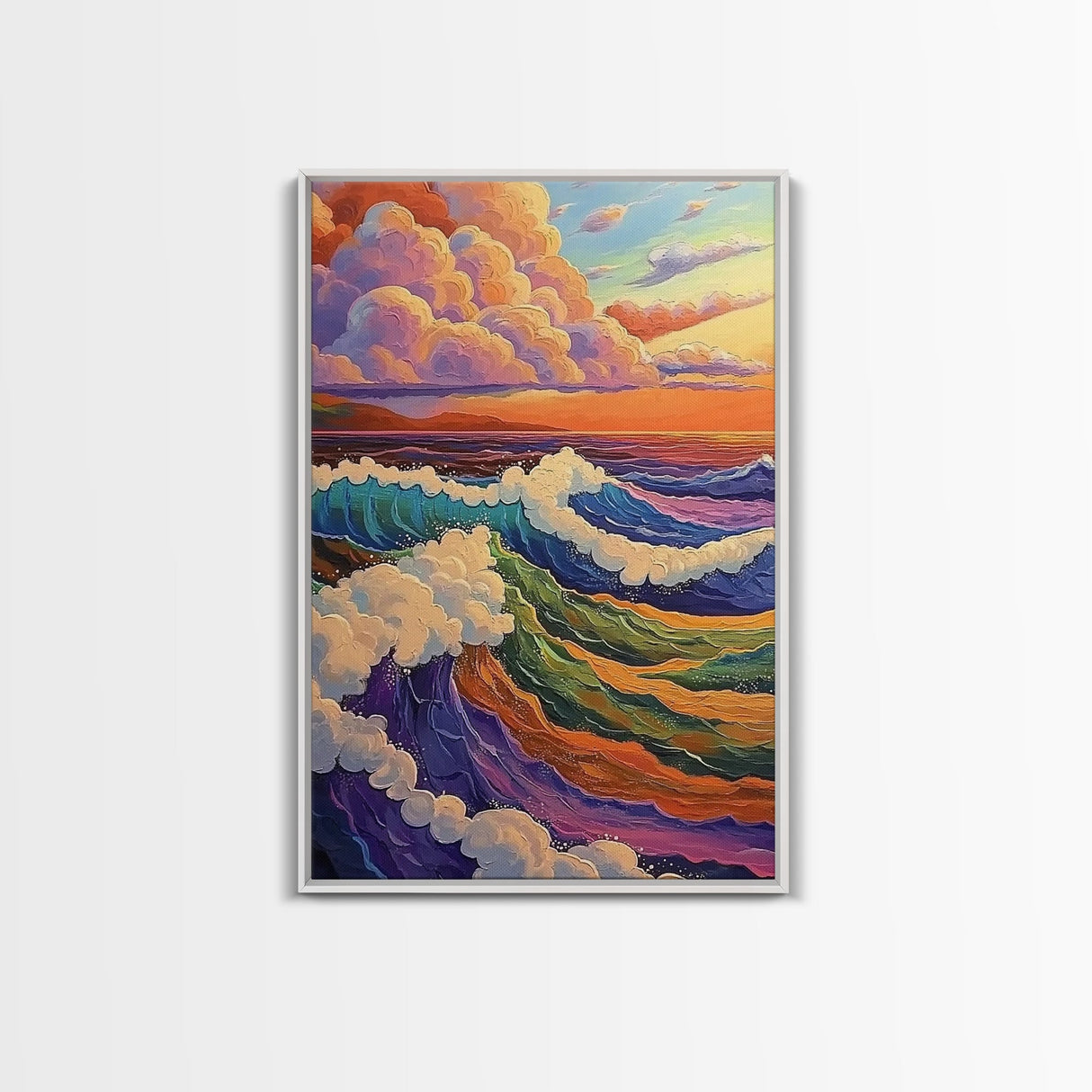 Colorful Ocean Waves, Sunset Surf Art, Rainbow Water Scene, Framed Canvas Print, Coastal Wall Decor, Vibrant Bathroom Art