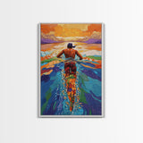 Man Swimming Sunset, Ocean Freedom Art, Tropical Wall Decor, Canvas Print, Bright Water Colors, Bold Bathroom Wall Art