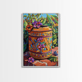 Floral Pot Still Life, Garden Patio Art, Colorful Ceramic Design, Framed Canvas Print, Kitchen Wall Art, Bohemian Home Style