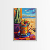 Fruit Mug Art, Coastal Kitchen Decor, Colorful Summer Vibes, Framed Canvas Print, Bright Wall Art, Boho Dining Room Accent