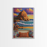 Sunset Beach, Cliffs, Waves, Framed Canvas Print vibrant coastal wall art, beach house decor, ocean cliffs, boho style, living room wall art