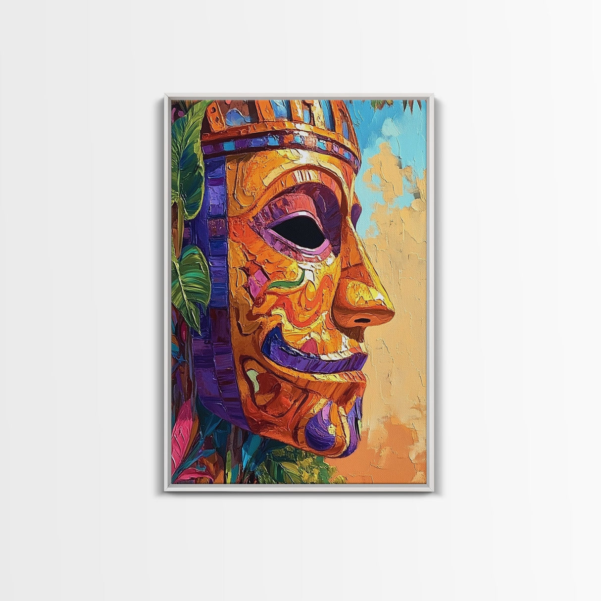 Tribal Mask Side, Exotic Face Wall Decor, Canvas Print, Cultural Art Style, Office Accent Art, Tiki Mask Inspired Home Wall Art