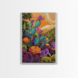 Prickly Wildflowers, Cactus, Garden, Framed Canvas Print floral cactus art, vibrant botanical painting, nature decor, desert boho living room