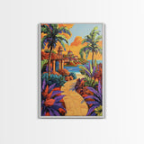 Coastal Village Path, Sunset Vibes, Tropical Getaway, Bright Colors, Framed Canvas Print, Coastal Wall Art, Living Room Decor, Boho Art