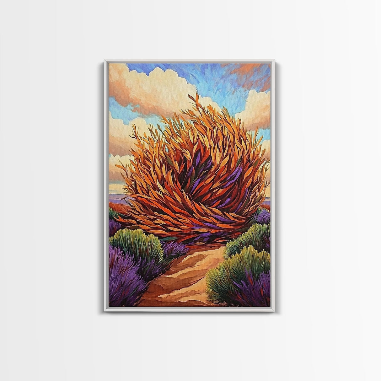Desert Winds, Autumn Tumbleweed, Nature Path, Wild Colors, Framed Canvas Print, Entryway Wall Art, Fall Rustic Decor, Southwest Art