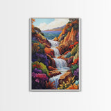 Cascading Falls, Ocean Cliffs, Tropical Flowers, Bold Nature, Framed Canvas Print, Living Room Wall Art, Maximalist Decor, Beach Art