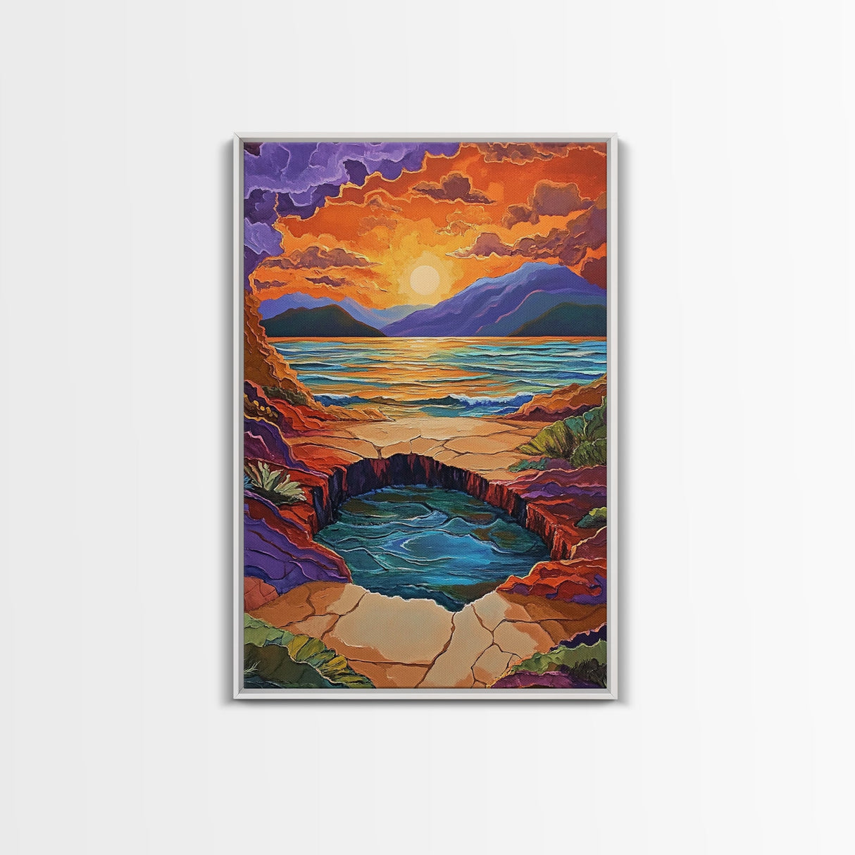 Sunset Lake Reflection, Fiery Sky, Tranquil Water, Mountain Glow, Framed Canvas Print, Bedroom Wall Art, Autumn Decor, Serene Art