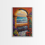 Stone Archway Ocean, Dreamy Seaside Scene, Romantic Sunset Art, Framed Canvas Print, Coastal Entryway Wall Art, Vacation Vibes