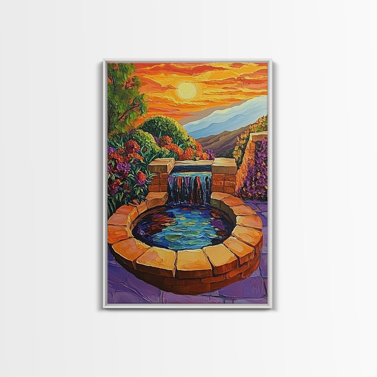 Brick Fountain Sunset, Peaceful Garden Oasis, Warm Tones, Autumn Wall Art, Framed Canvas Print, Serene Patio or Hallway Decor