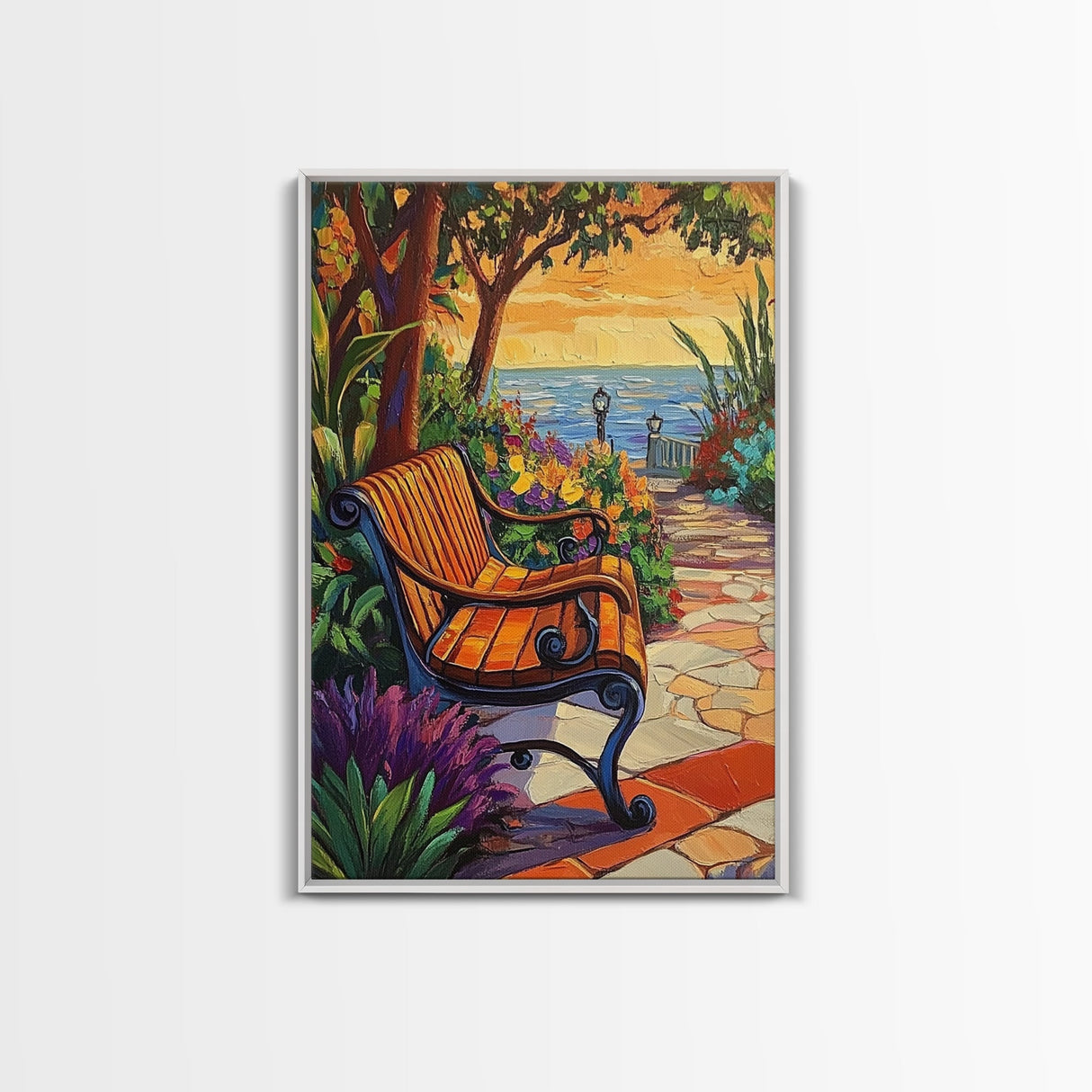 Sunset Garden Bench, Tranquil Nature Art, Romantic Outdoor View, Framed Canvas Print, Cozy Living Room Wall Art, Boho Landscape