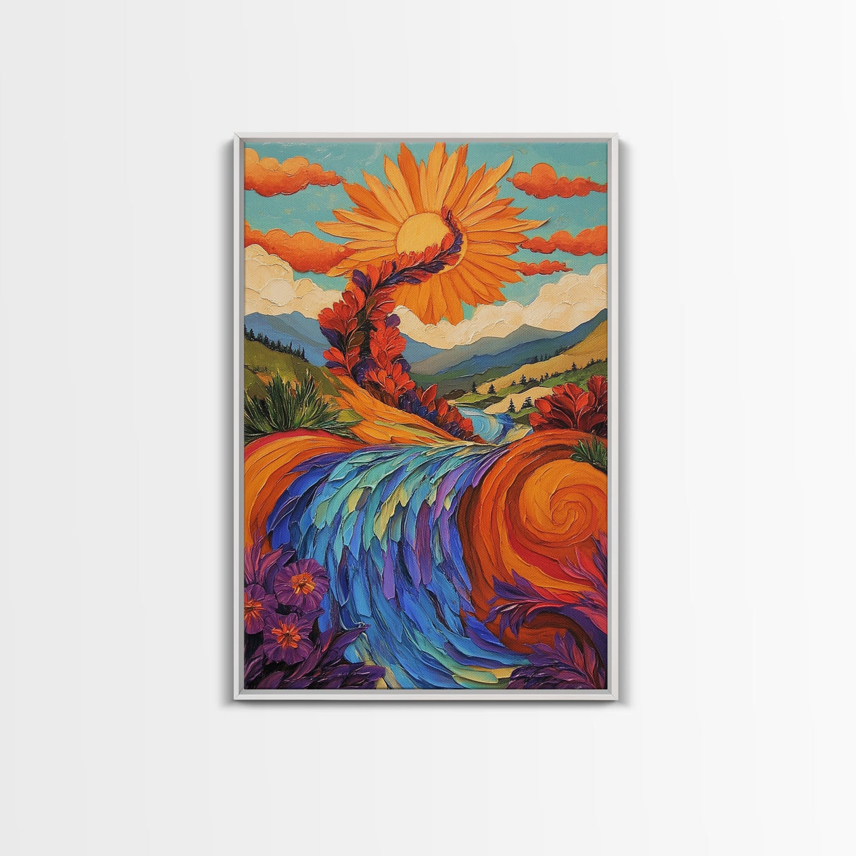 Sunflower River Scene, Whimsical Nature Landscape, Joyful Energy Art, Framed Canvas Print, Bright Nursery Wall Art, Autumn Boho Style