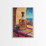 Tequila Bottle, Colorful Spirits, Bar Decor, Still Life, Framed Canvas Print kitchen wall art, Mexican bar art, fiesta rustic painting