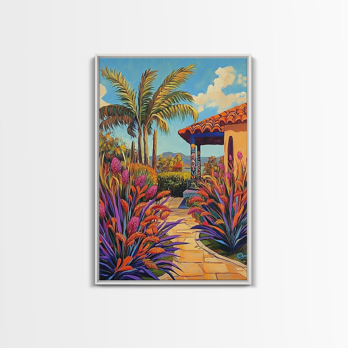 Tropical Path, Palm Trees, Garden Walkway, Vibrant Flora, Framed Canvas Print patio decor, vacation home wall art, coastal impressionist