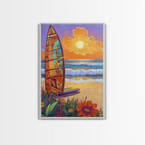 Surfboard Sunset, Ocean View, Floral Beach, Boho Style, Framed Canvas Print, beach lover gift, tropical home decor, coastal living wall art