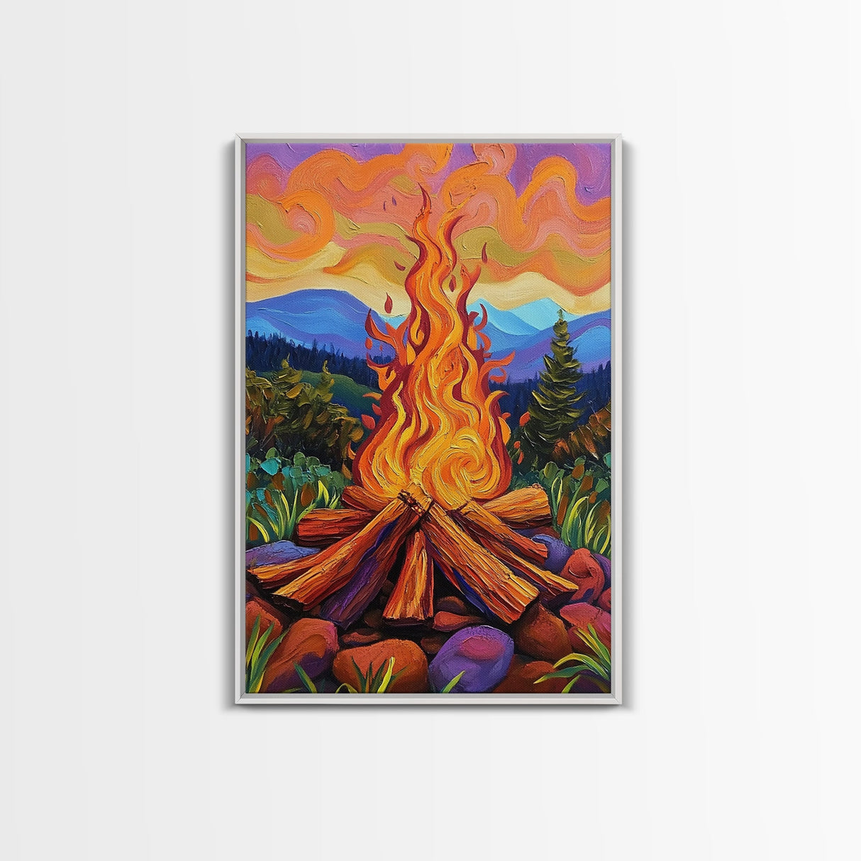 Flames Forest, Dusk, Firelight, Framed Canvas Print rustic bonfire wall art, forest painting, Autumn cabin decor, cozy living room wall art