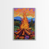 Flames Forest, Dusk, Firelight, Framed Canvas Print rustic bonfire wall art, forest painting, Autumn cabin decor, cozy living room wall art