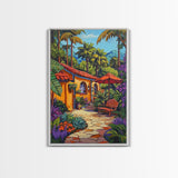 Tropical Courtyard, Retreat, Pathway, Framed Canvas Print, vibrant tropical patio scene, colorful garden art, Spanish boho home decor