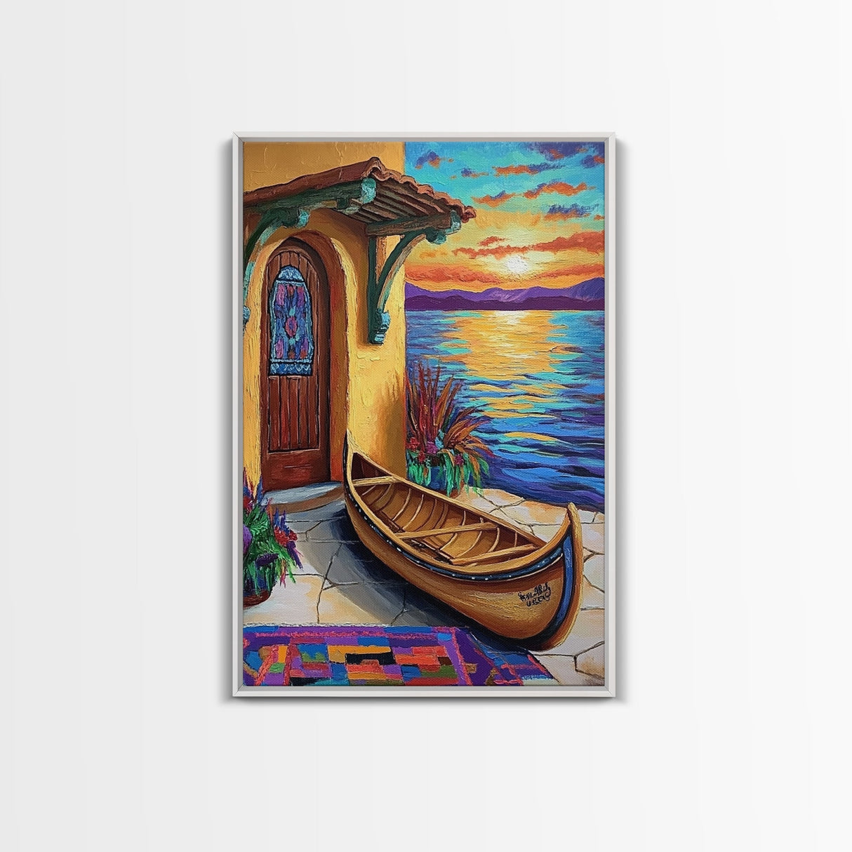 Lakeside Sunset, Canoe, Serenity, Framed Canvas Print, rustic lakefront, sunset art, cozy cabin vibe, boho lakehouse wall art, den art