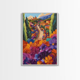 Village Flowers Path, Scenic Country Road Painting, Framed Canvas Print, Whimsical Boho Art, Kitchen Wall Decor, Mediterranean Style