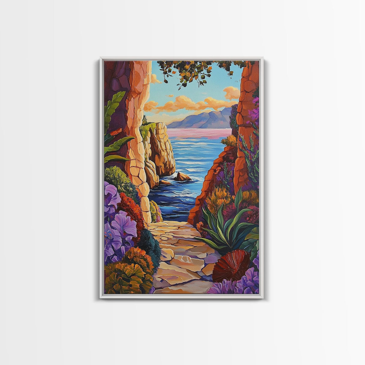 Pathway Ocean, Archway, Colorful Coastal View, Framed Canvas Print, Bohemian Hallway Art, Tropical Escape Decor, Vibrant Travel Scene
