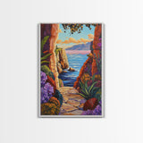 Pathway Ocean, Archway, Colorful Coastal View, Framed Canvas Print, Bohemian Hallway Art, Tropical Escape Decor, Vibrant Travel Scene