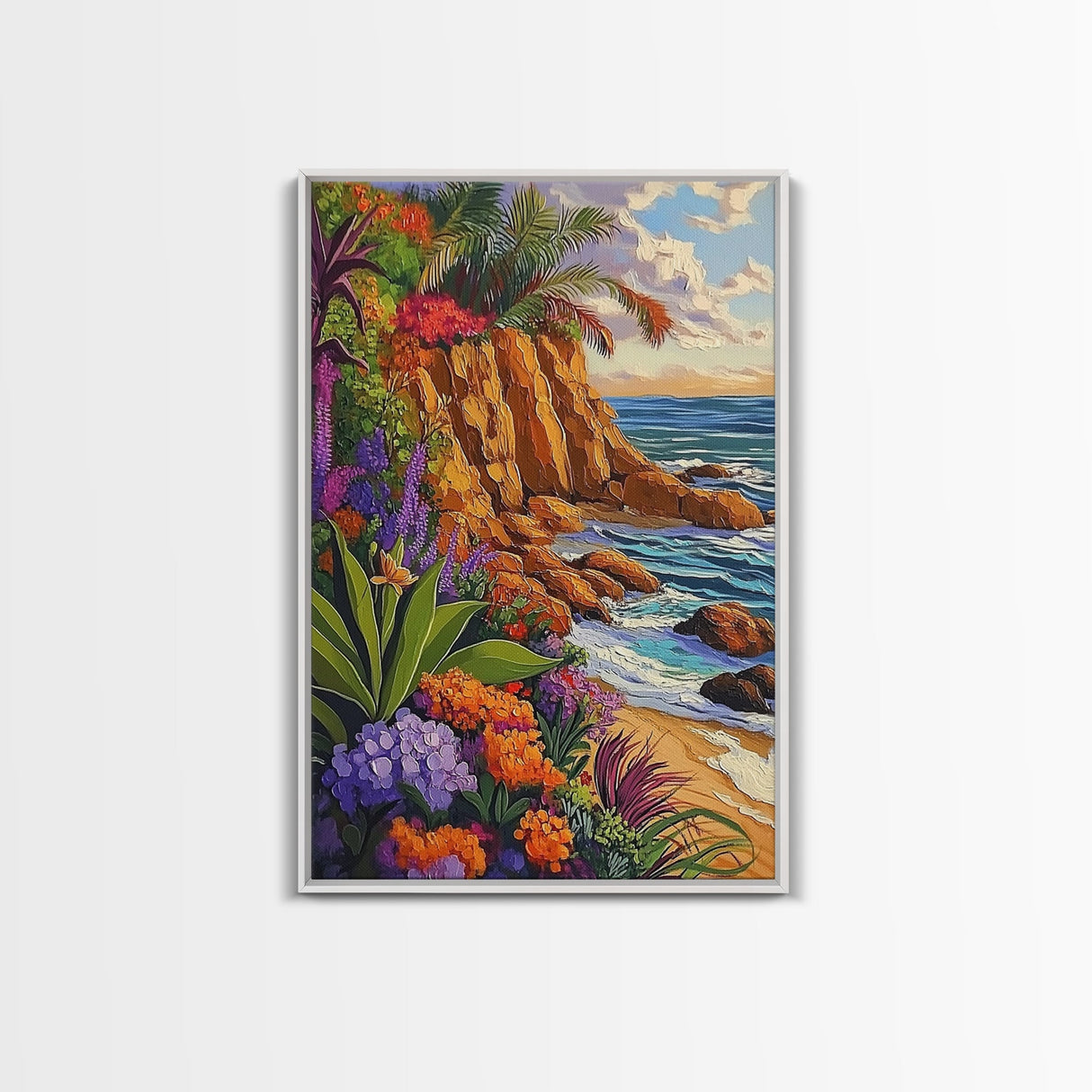 Tropical Coast, Flowers, Waves, Framed Canvas Print vibrant beach cliff wall art, coastal botanical boho decor, Living Room Wall Art