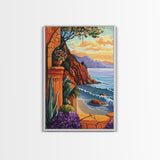 Seaside Terrace, Sunset Florals, Framed Canvas Print romantic ocean view artwork, Mediterranean decor, Kitchen Wall Art, rustic art