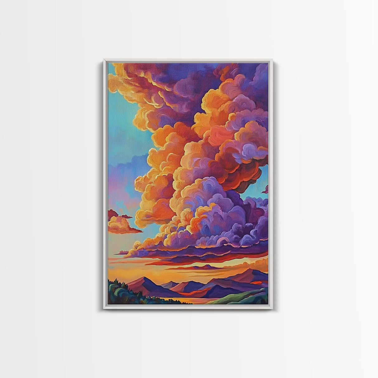 Clouds Sunset, Skies, Mountains, Framed Canvas Print dramatic sky art, colorful cloudscape painting, Bedroom Wall Art, dreamy wall decor