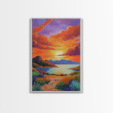 Sunset, Desert, Lake, Landscape, Framed Canvas Print, Vibrant sunset over desert lake with bold skies, perfect Southwest living room wall art