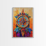 Compass, Rustic, Floral, Wall, Framed Canvas Print, Boho compass rose art with flowers, ideal bohemian home decor or entryway statement art