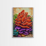 Succulent, Cactus, Orange, Purple, Framed Canvas Print, Bold desert succulent bloom art in orange and purple, living room statement piece