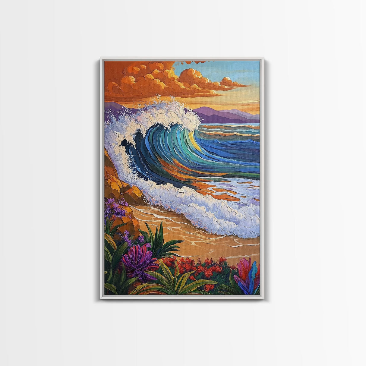 Wave Sunset, Ocean, Flowers, Canvas Print, Crashing sunset wave with tropical flowers, coastal bathroom and surf-themed wall decor
