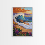 Wave Sunset, Ocean, Flowers, Canvas Print, Crashing sunset wave with tropical flowers, coastal bathroom and surf-themed wall decor