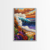 Wave Bold, Ocean, Sunset, Framed Canvas Print, Sunset surf wave crashing on rocks with bold colors, perfect beach house wall art